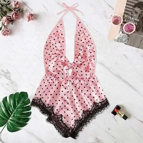 Stylish Bar Pink Silk Lingerie Sexy Bra Siamese Sleepwear Women Printing Lace Stain Bow Backless Bodysuit Silk Lingerie Lenceria