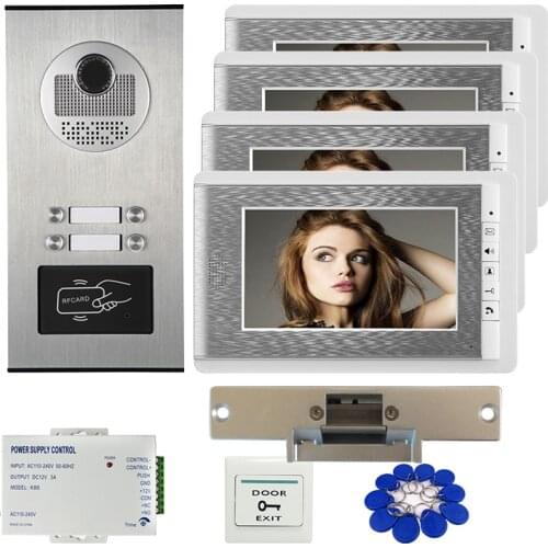 FREE SHIP 7" Video Door Phone Intercom System RFID Access Doorbell Camera for 2 / 3 / 4 Family Apartment + Electric Strike Lock
