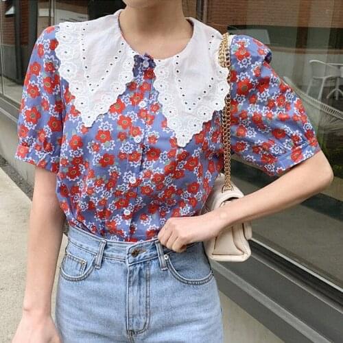 Vintage Floral Print Lace Collar Women Blouse Tops Summer Puff Sleeve Shirts YOU348