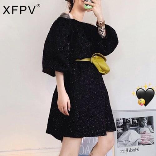 XFPV 2021 Autumn Winter New Arrivals Black Loose Short Sleeve Knitting Floral Short Dress Women SM792
