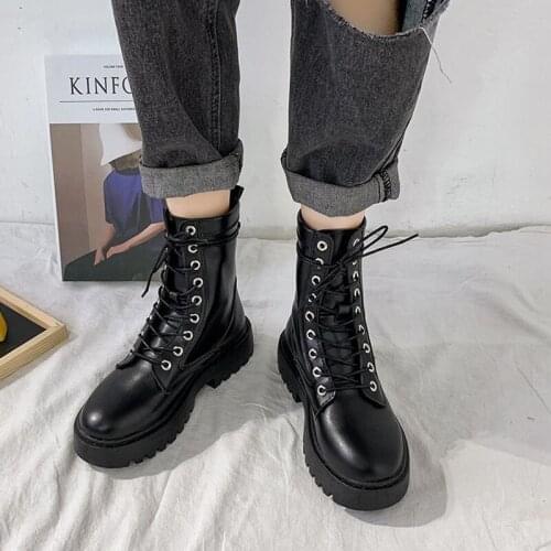White Black PU Leather Ankle Boots Women Autumn Winter Round Toe Lace Up Shoes Woman Fashion Motorcycle Platform Botas