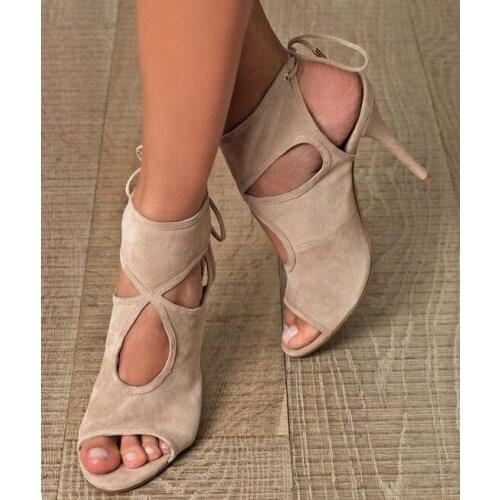 Real Photo High Quality Beige Black Thing Suede Sandals Cut-out Peep Toe Back Tie-up Wedding Party Dress shoes woman Woman Size