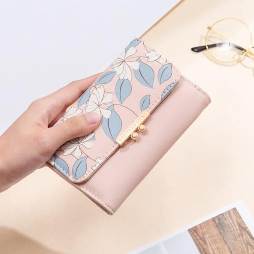 Womens Cute Fashion Purse Medium Printing Fresh Flower Wallet Coin Purse Female Three Fold Clutch Multifunction Carteira Female