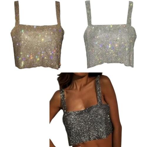 Women Sexy Off Shoulder Cropped Tank Top Glitter Rhinestone Metal Diamond Camis Vest Backless Dancing Festival Party Jewelry Clu