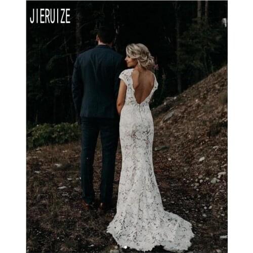 JIERUIZE Sexy White Lace Sheath Wedding Dresses V Neck Cap Sleeves Backless vestidos de novia Mermaid Bride Dresses Bridal Gowns
