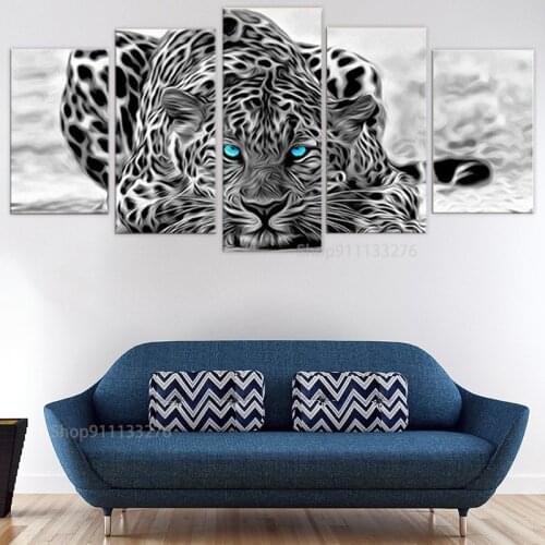 Wall Art Prints Pictures Framework 5 Pieces Blue Eyes Leopard Tiger Canvas Paintings Home Decor Black And White Animal Poster