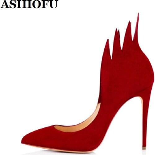 ASHIOFU 2020 New Handmade Ladies High Heels Pumps Fire-designed Party Prom Dress Shoes Faux-suede Large Size Fashion Court Shoes