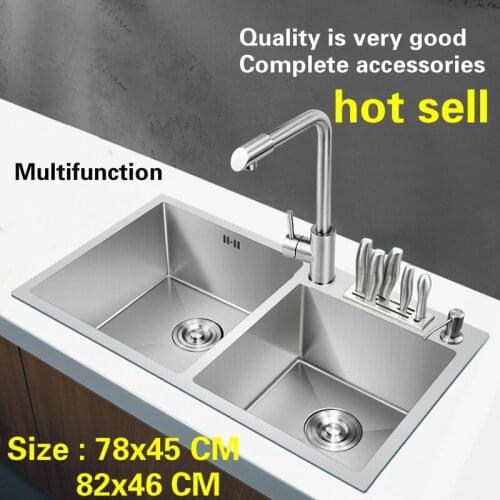 Free shipping Apartment luxury kitchen manual sink double groove standard 304 stainless steel vogue hot sell 78x45/82 CM