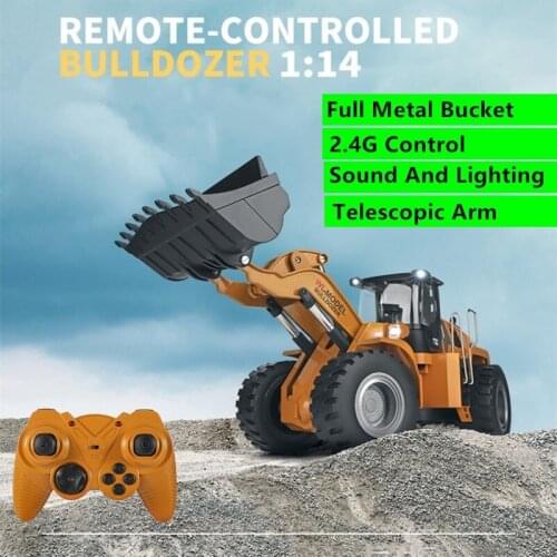 Large Electric RC Bulldozer 43cm 1:14 2.4G 60min Long Battery Life Metallic Bucket Analog Hydraulic Telescopic Boom RC Truck Toy