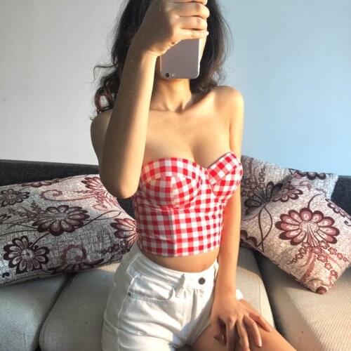 Cupnaya Summer Women Plaid All Cotton Crop Top Removable Strap Sweat Bustier Inside Short Cami Corset Bralet Black Red RM005