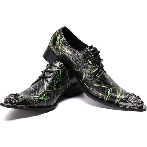 Italian Style Mens Designer Shoes Lace Up Business Real Leather Dress Shoes Classic Colors Printed Steel Toe Party Shoes For Men