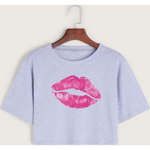 Lip Kiss Kisses Womens Crop Shirt Cropped T-Shirt Crop Top Tee Summer Short Sleeve Cotton Tops Female Girls Graphic T-Shirts