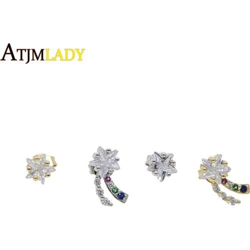 Micro pave rainbow colorful cubic zirconia multi color cz cute lovely star stud small minimal asymmetry earring for girl