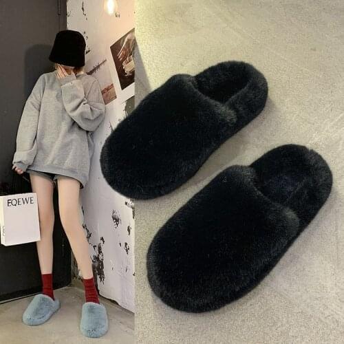 Fashion Winter Fur Slippers Lazy Plush Indoor Slides Soft Furrry Warm Women Shoes Fluffy Mules Slippers Cute Winter Shoes