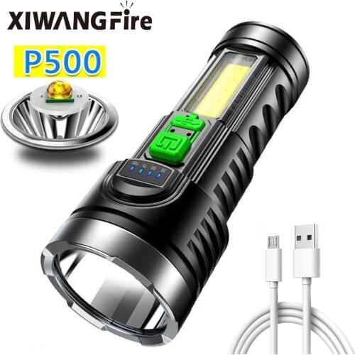 Powerful Super Bright P500 Lamp Beads Portable Led Flashlight Strong Light USB Rechargeable with COB Light Outdoor Searchlight