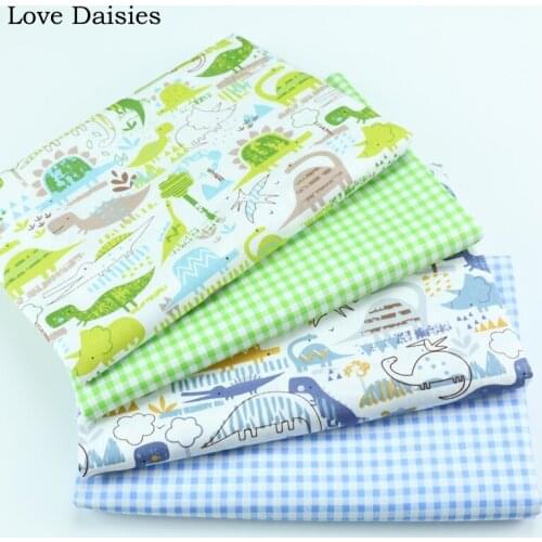 Cartoon GREEN BLUE Dinosaur Check 100% Cotton Twill Fabric for DIY Handwork Kids Bedding Clothing Dress Quilting Cushion Tissue