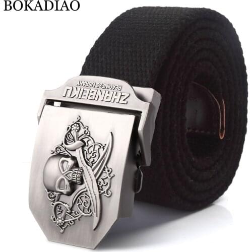 BOKADIAO Men&Women Military Canvas belt luxury Pirate Skull Metal buckle jeans belt Army tactical belts for Men waistband strap