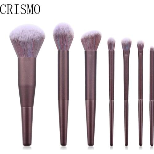 CRISMO Luxe Professional 7PCS Synthetic Hair Powder Foundation Eye Shadow Blending Makeup Brush Set with Champagne Wooden Handle