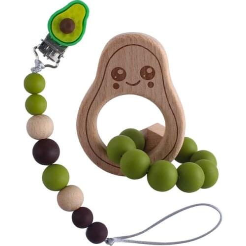 Avocado Style Baby Pacifier Clips Set Silicone Beads Dummy Chain Holder Wood Teether Attache Tetine BPA Free Infant Feeding Gift