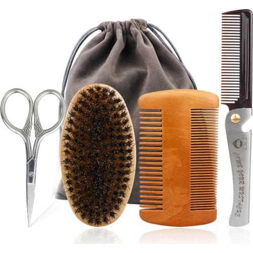 Natural Boar Bristle Wood Beard Brush Hairdresser Shaving Brush Men Mustache Comb With Gift Bag Beard Cleaning Hair Comb Set