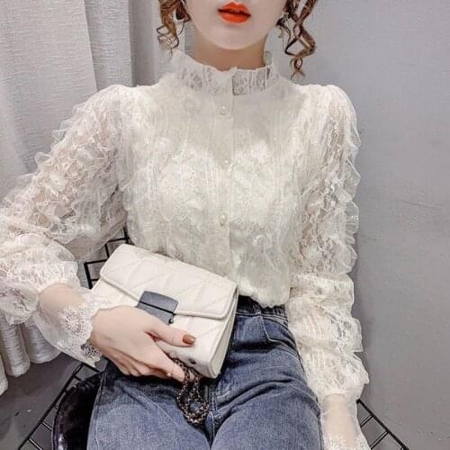 2021 spring and autumn new style stand-up collar fashion western style lace shirt womens lantern sleeve western style blouse