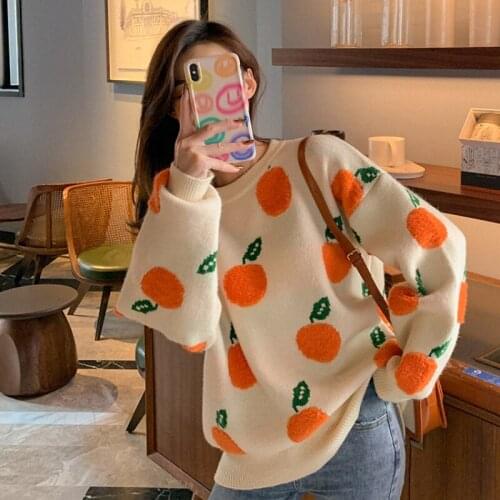 Orange Sweater Cute Pullover 2021 Fall Trend Sweety Women Sweater Fruit Orange Pattern Winter Sweater Women Kawaii Loose
