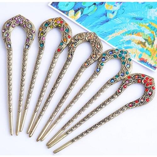 Vintage Women Hair Accessories Antique Bronze Plated Hairpins U shape Hair Stick Pin Women Rhinestone Flower Hair Jewelry Gift
