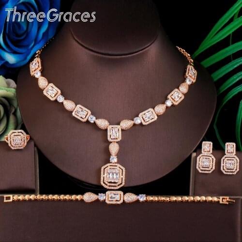 ThreeGraces 4Pcs Gorgeous Cubic Zircon Stone Nigerian Dubai Gold Geometric Wedding Jewelry Set for Women Party Engagement TZ564