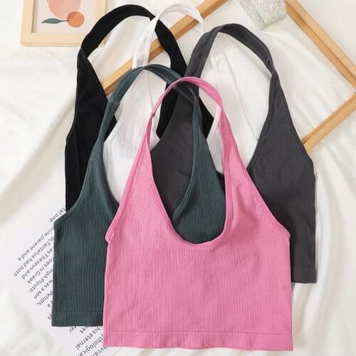 Halter Tops Women Crop Top Summer Deep V Tanks Cami Solid Lingerie Backless Camisole Sexy Seamless Underwear Plus Size Crop Top