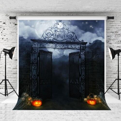 VinylBDS Theme Halloween Black Iron Gate Photography Backdrops with Skeleton Photo Backgrounds Happy Pumpkin for Photo Studio