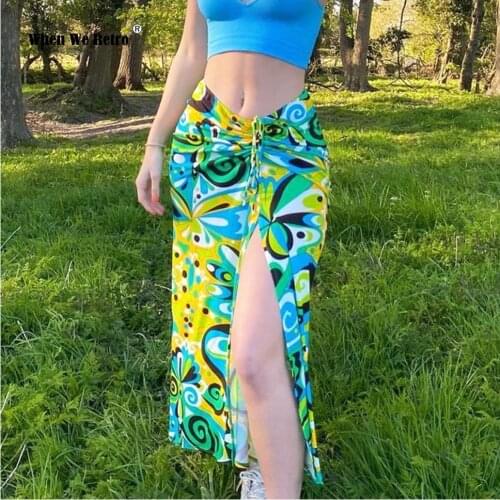 Female Fashion Abstract Print Slit Front Sexy Skirt VD2238 Green Women Summer Beach Boho Midi Skirt