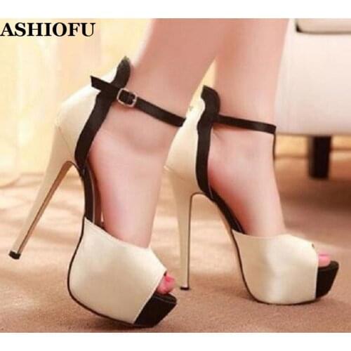 ASHIOFU Handmade Womens High Heel Sandals Two-piece BuckleStrap Sexy Party Prom Platform Shoes Evening Shine Fashion Dress Shoes