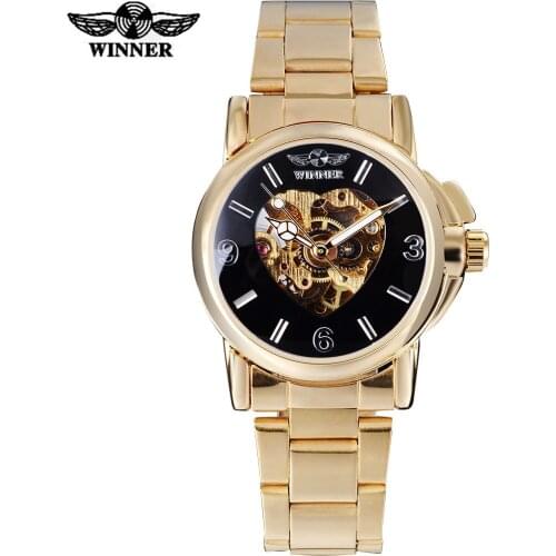 2017 WINNER china brand women watch luxury automatic self wind watch skeleton black dial transparent glass stainless steel band