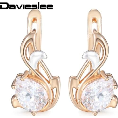 Davieslee Stud Earrings for Women Teardrop Black Clear CZ Leaf 585 White Rose Gold Filled Cubic Zirconia Womens Earring LGEM12