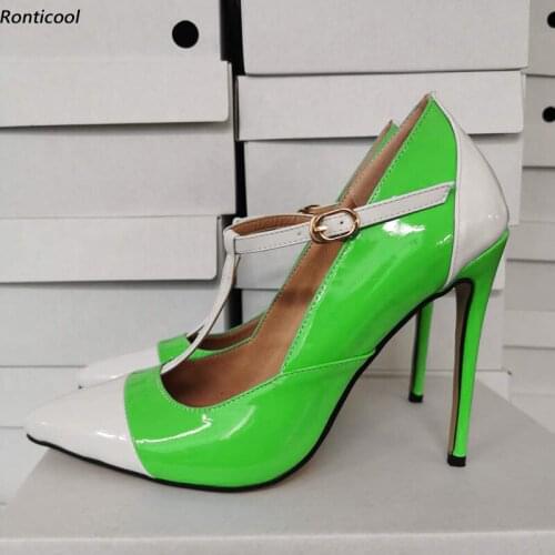 Ronticool 2021 Handmade Women T-Strap Pumps Shiny Sexy Stiletto Heel Pointed Toe Gorgeous 5 Colors Dress Shoes US Plus Size 5-15