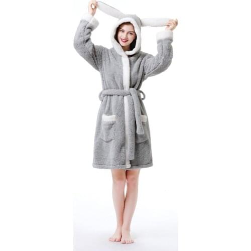Rabbit Thick Warm Loose Hooded Flannel Robe with Belt Pockets Long Sleeves High Quality Womens Winter Housewear Sleep Lounge