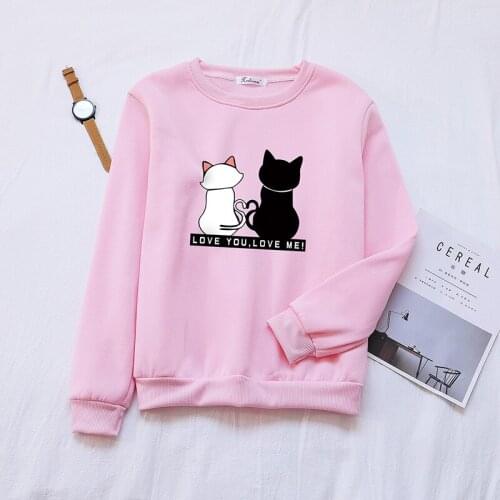 Letter Love You And Couple Cat Print Sweatshirt For Women Lovers Casual Loose Pullovers Harajuku 2021 Spring O-neck Long Sleeve