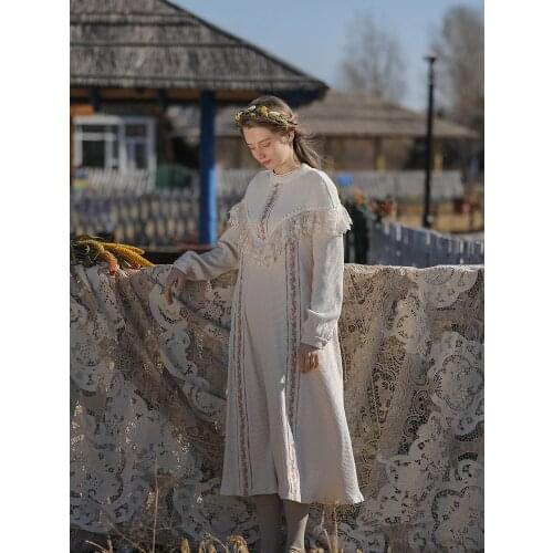 New Spring Autumn Dress Women Victoria Vintage Elegant Lace Long Dress Embroidery Casual Loose Knitted Cotton Rice White Dress