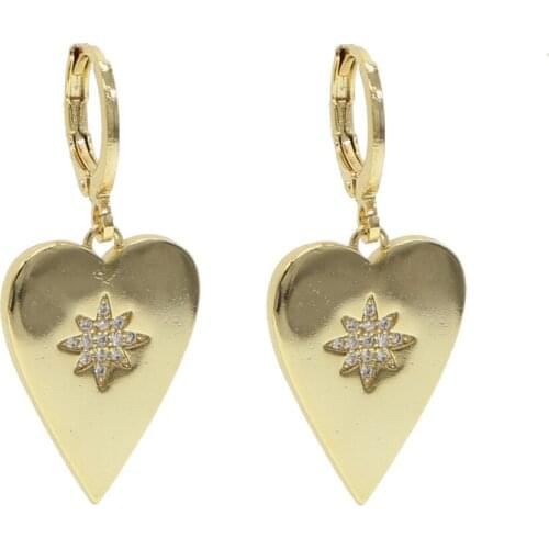 Gold star signet earring micro pave cz starburst heart shaped charm dangle earring