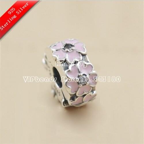 2016 S925 Sterling Silver Pink Primrose Clip with Enamel and Clear Cz Charm beads Fit European Women Jewelry Bracelets CL054