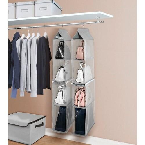 4-Tiers Non-woven Detachable Closet Bags Organizer Handbags Hanging Shelf Collapsible Clothing Accessories Storage Holder--Grey