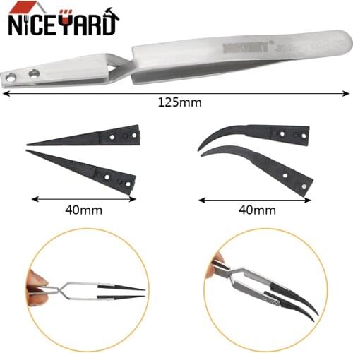 NICEYARD Anti-static ESD Tweezers for Phone Repair BGA Work Reverse Action Tweezer with Curved & Straight Plastic Tip