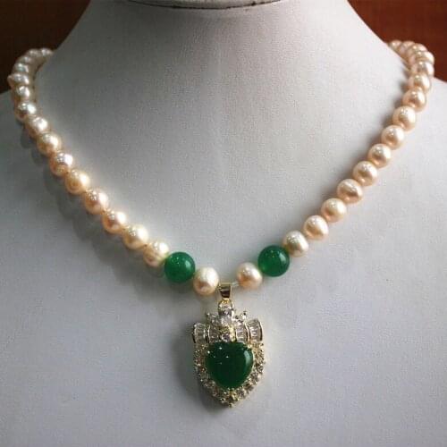 Noble and simply style 8mm yellow shell pearl mixed Jade necklace+ green crystal pendant free shipping
