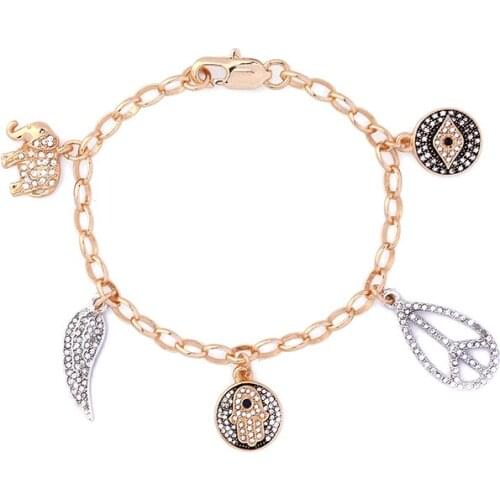 Bulk Price Gold Color Chunky Chain Charm Bracelet Inlay Crystal Elephant Eye Feather Pendant Lovely Bracelet Gift Jewelry