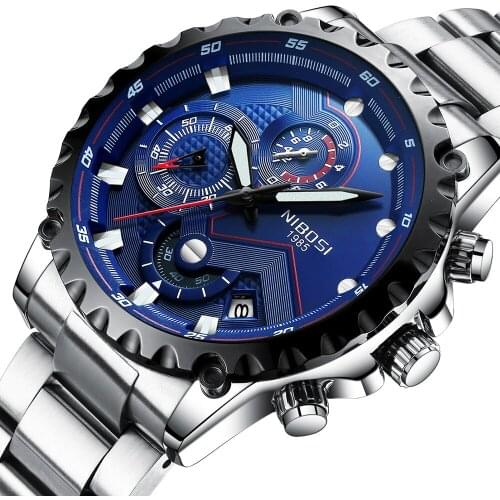 NIBOSI Brand Men Watches Luxury Sport Quartz 30M Waterproof Watches Mens Stainless Steel Band Auto Date Wristwatches Relojes