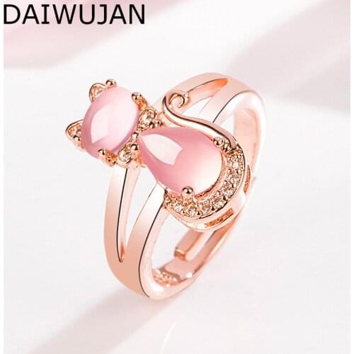 DAIWUJAN Korean 925 Sterling Silver Pink Cat Rings For Women Girls Cat Eye Animal Open Ring Engagement Anniversary Jewelry 2021