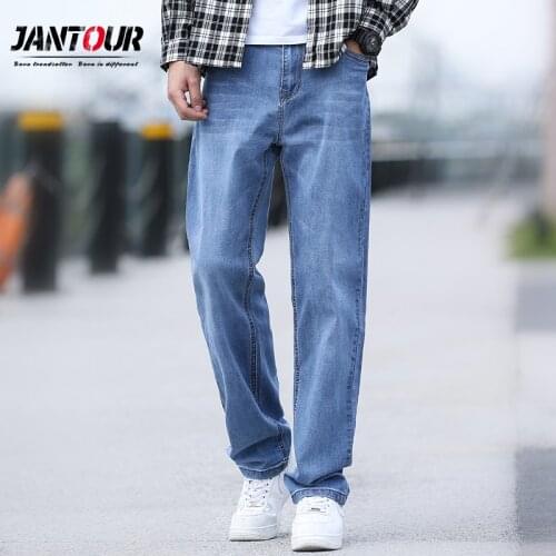 Jantour Brand Mens Jeans 2021 Spring Autumn New Style Business Casual Loose Fit Elastic Classic Style Trousers Blue Pants Male