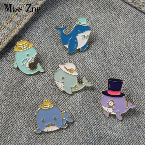 Sea Animals Enamel Pins Shark Whale Dolphin with Hat Glasses Brooches Bag Hat Lapel Pin Badge Men Women Jewelry Gift for Child