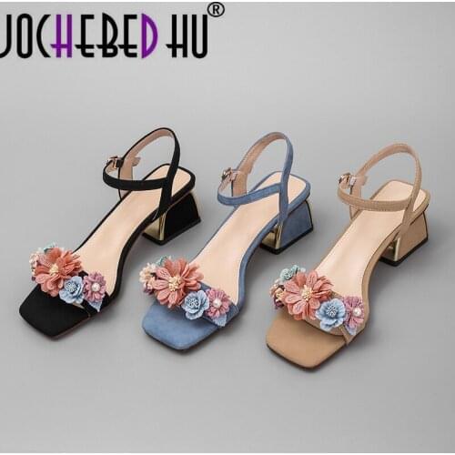 【JOCHEBED HU】Fashion Sweet Flowers Decoration Women Sandals Square Toe Buckle High Heels Elegant Kid Suede Party Office Shoes Wo