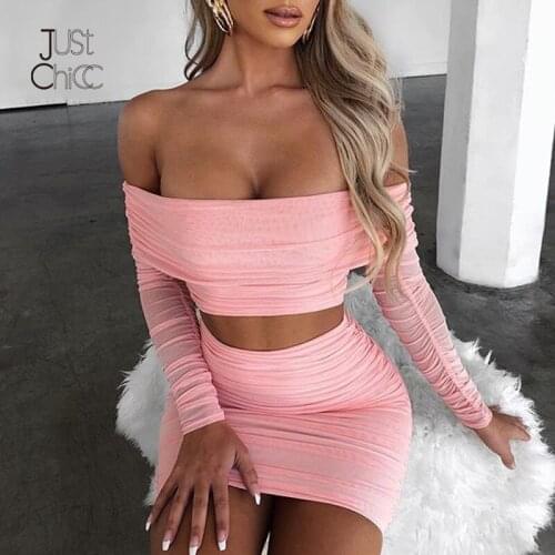 Justchicc Sexy Mesh Party Two Piece Set Summer Slash Neck Off Shoulder Crop Set Bodycon Mini Dress Set Club 2 Piece Set Women